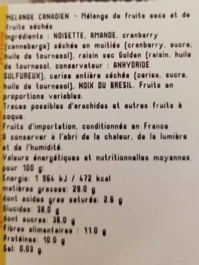 mélange canadien nutrition facts table