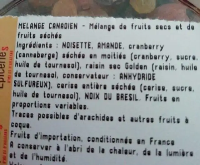 Mélange canadien ingredients label