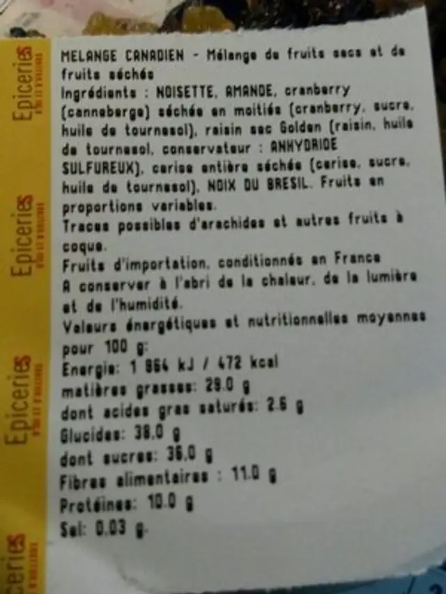 Mélange canadien nutrition facts table