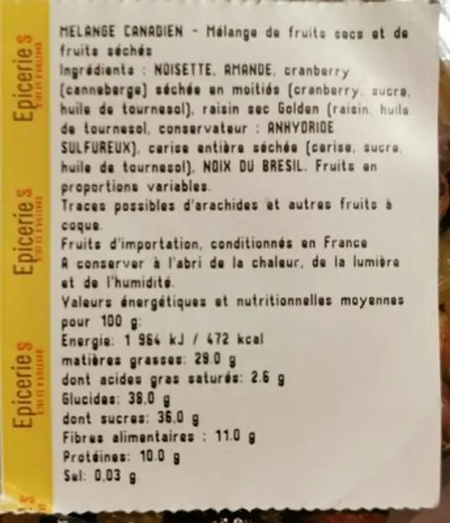 melange canadien nutrition facts table