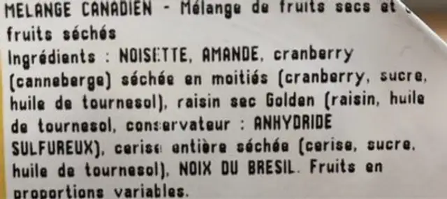 Mélange canadien ingredients label