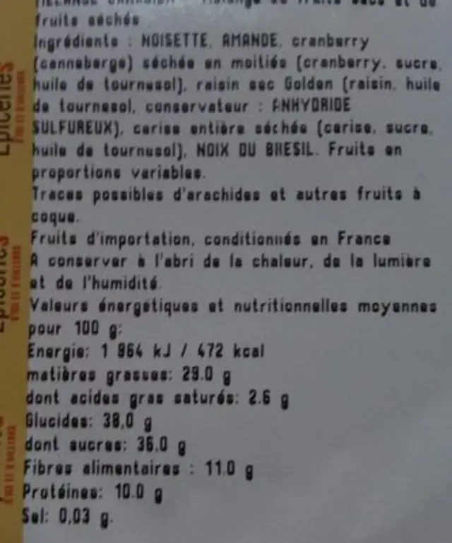 Mélange Canadien nutrition facts table