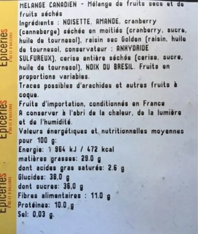 Melange canadien ingredients label