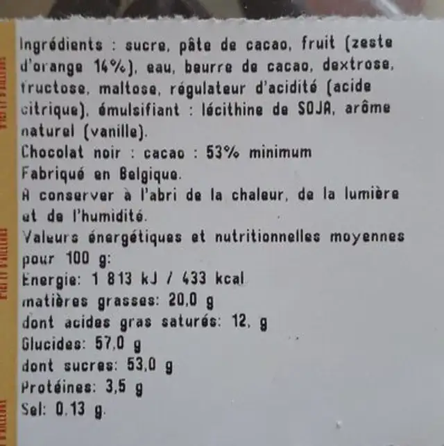 Écorces d'orange enrobées au chocolat noir ingredients label