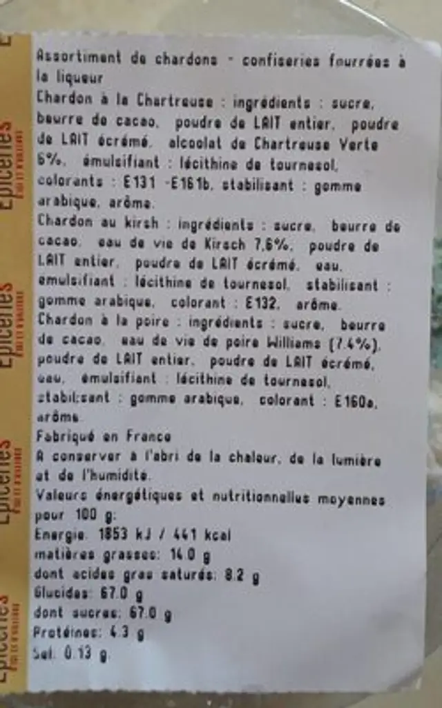 Assortiment de chardons - confiseries fourrées ingredients label