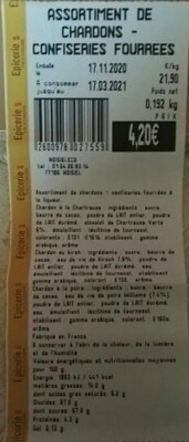 Assortiment de chardons - confiseries fourrées nutrition facts table