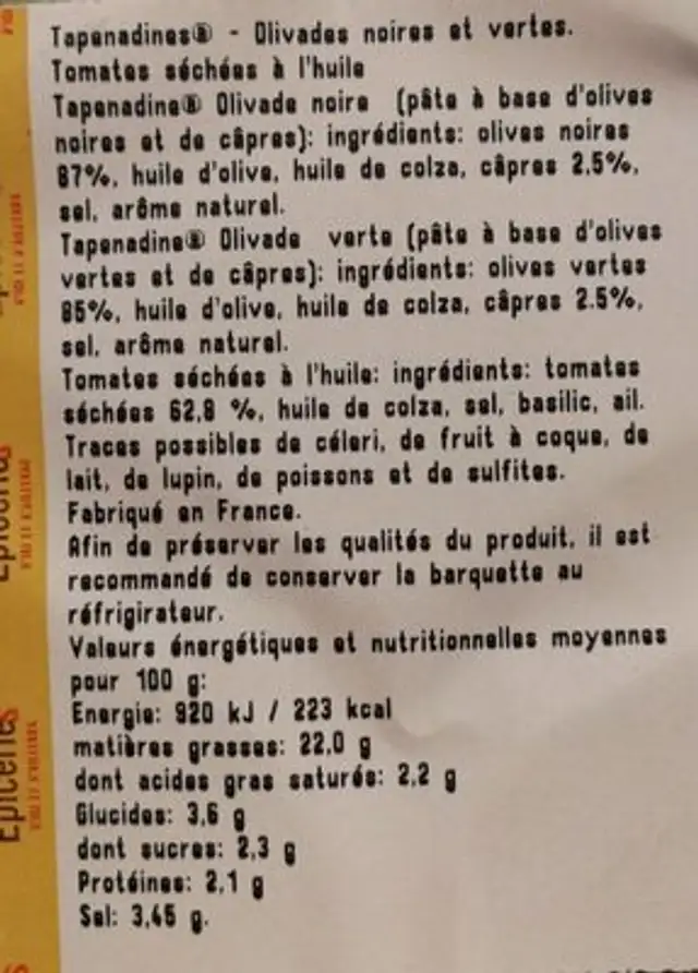 Oliviades noire / verte, tomates séchées à l'huile ingredients label