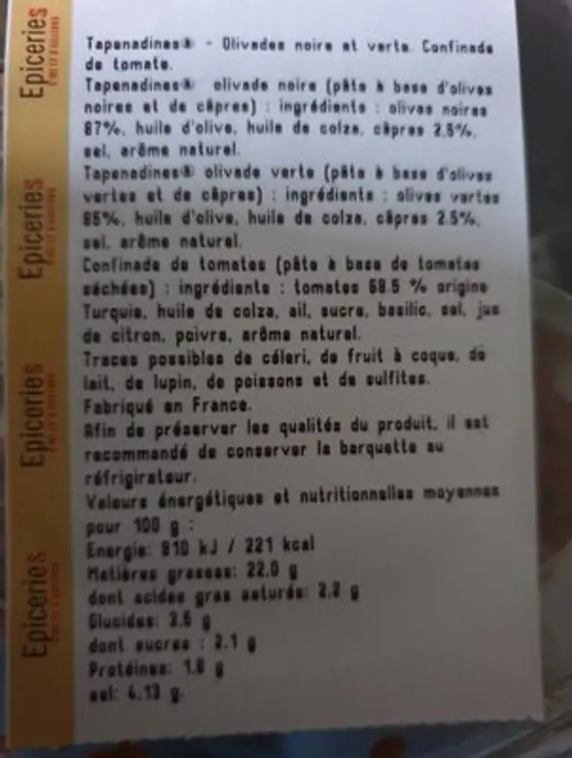 Olivades noire / verte et confinade de tomates nutrition facts table