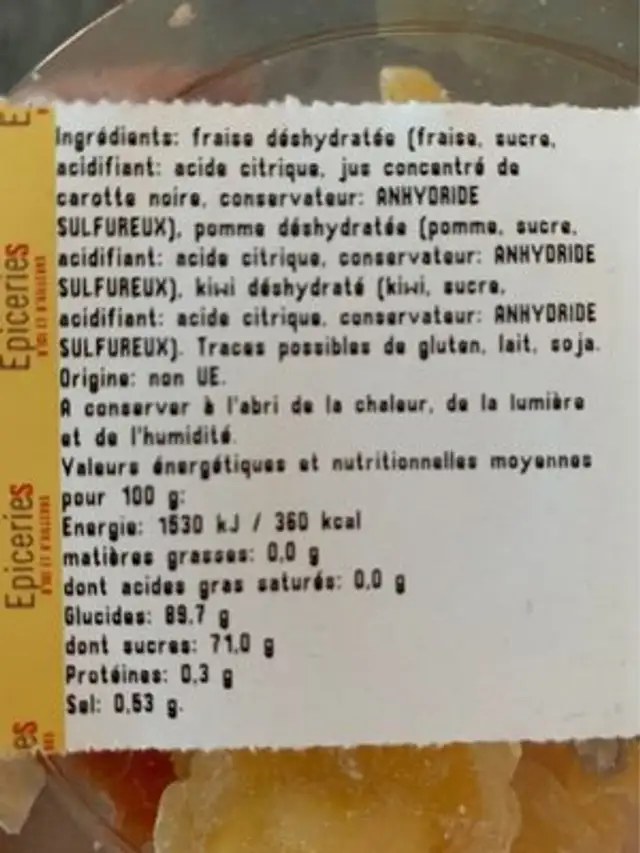 Fruits deshydratés ingredients label