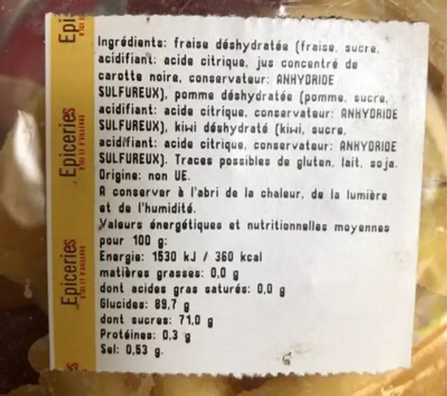 Assortiment de fruit deshydrates ingredients label