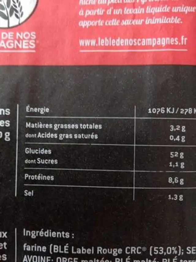 Pérène aux multicéréales nutrition facts table