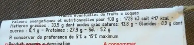 Saucisson pur porc sec nutrition facts table
