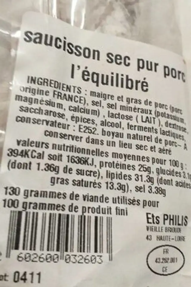 Saucisson sec pur porc l équilibré ingredients label