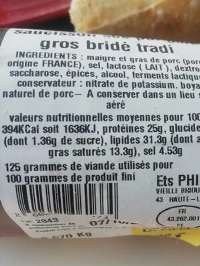 Saucisson  sec pur porc nutrition facts table