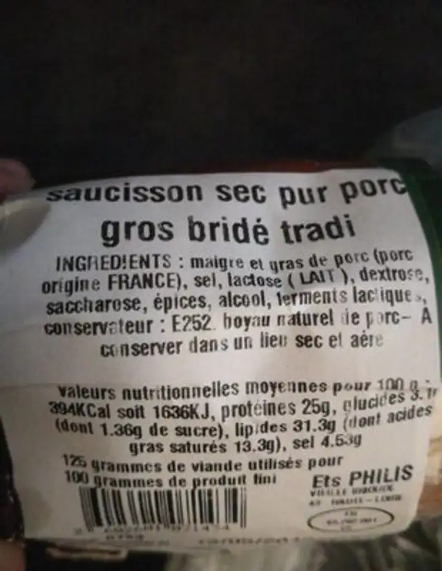 Saucisson sec ingredients label