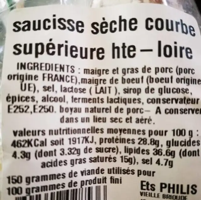 La haute-Loire Saucisse sèche courbe supérieure nutrition facts table