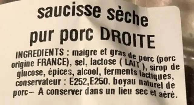 Saucisse Sèche Pur Porc ingredients label