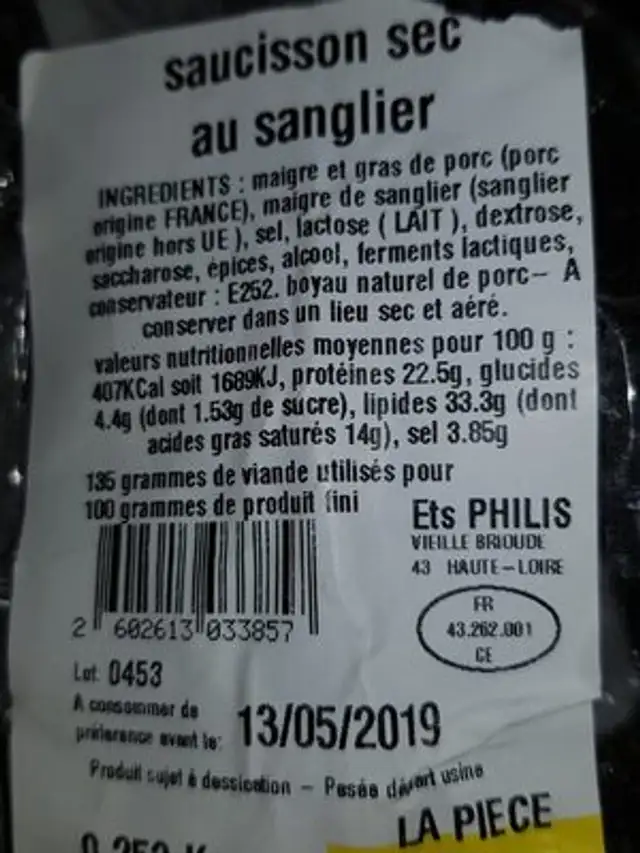 saucisson sec ingredients label
