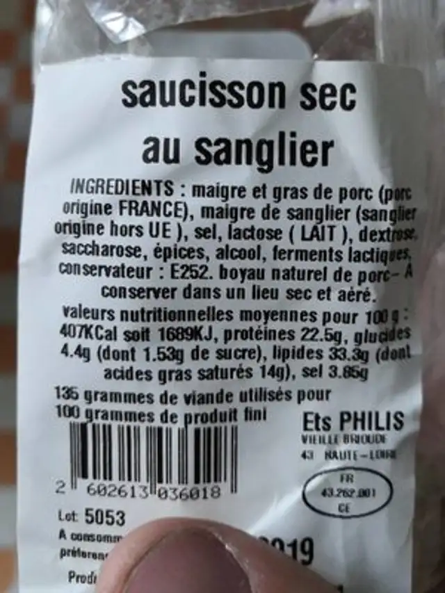 Saucisson sec au sanglier ingredients label