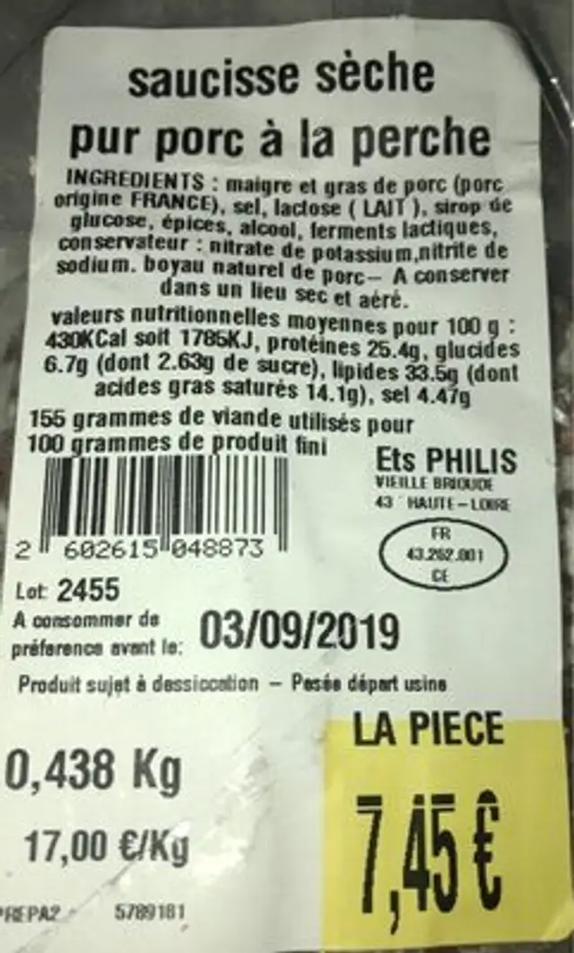 Saucisse seche pur porc a la perche nutrition facts table