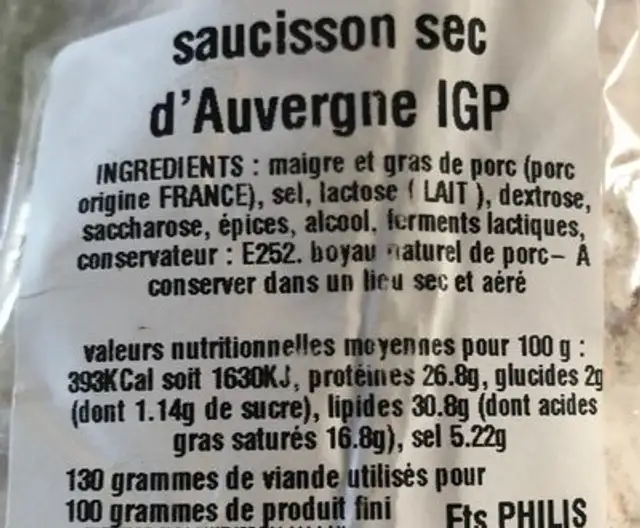 Saucisson sec d'Auvergne ingredients label