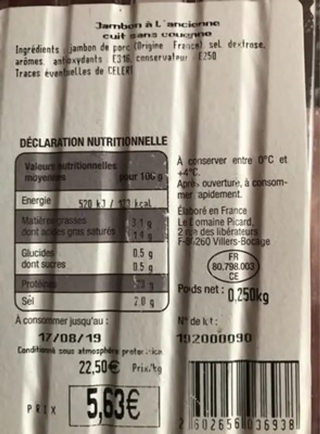 Veritable jambon a l ancienne nutrition facts table
