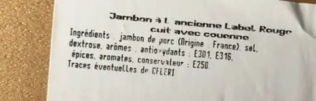 Jambon à l'ancienne ingredients label