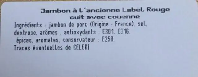 Jambon a l'ancienne ingredients label