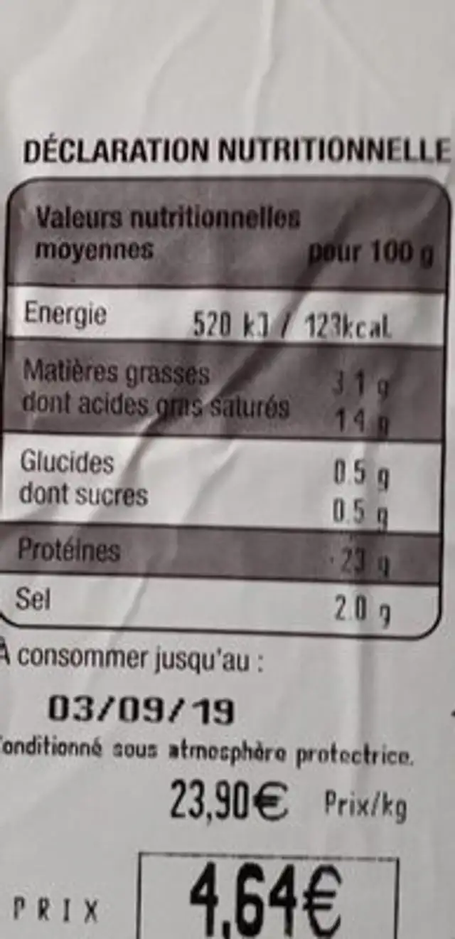 Jambon à l'ancienne nutrition facts table