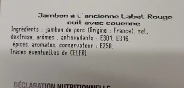 Jambon a l'ancienne  label rouge ingredients label