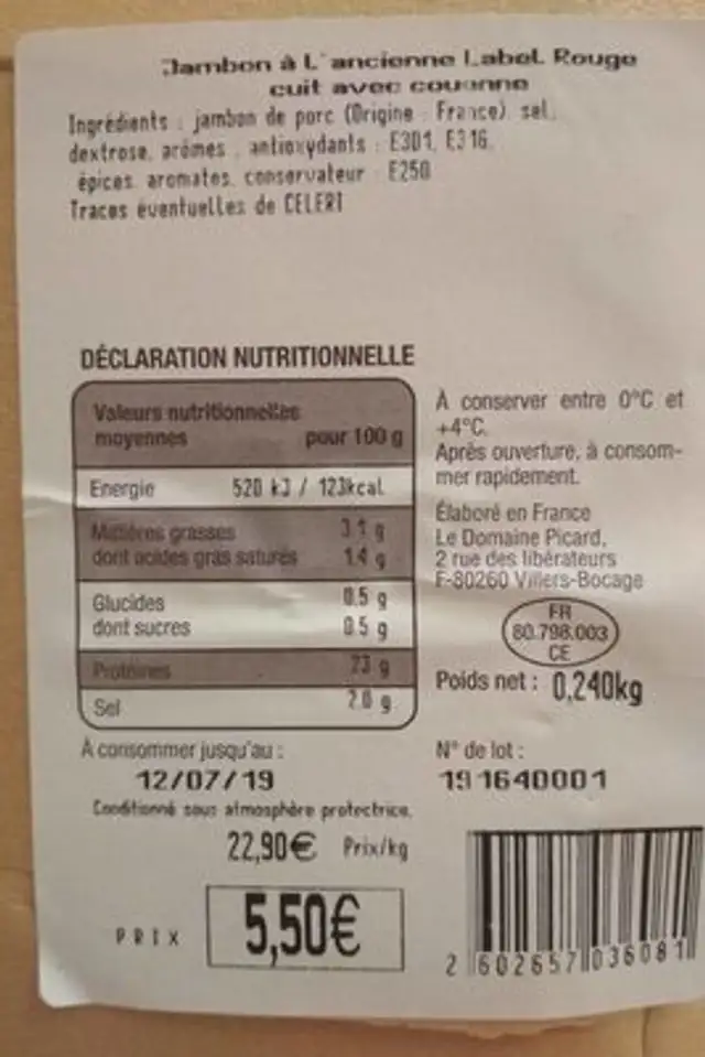 Jambon à l'ancienne nutrition facts table