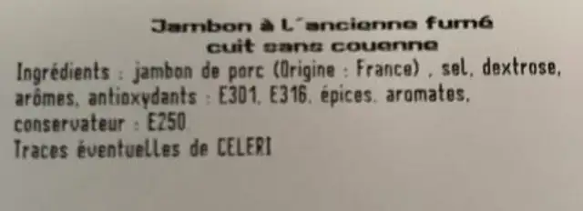 Jambon ingredients label