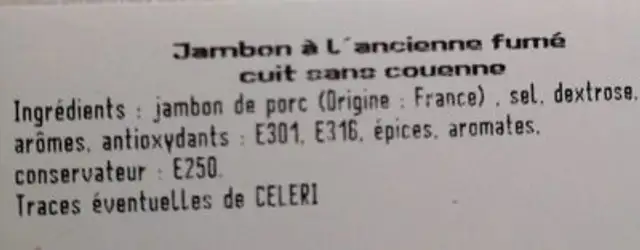 Jambon boisé à l'ancienne ingredients label