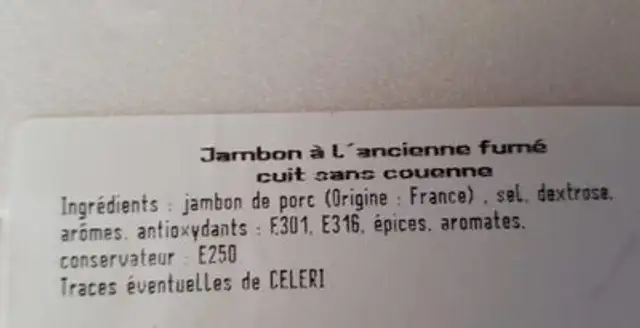 Jambon à l ancienne fumé cuit sans couenne ingredients label