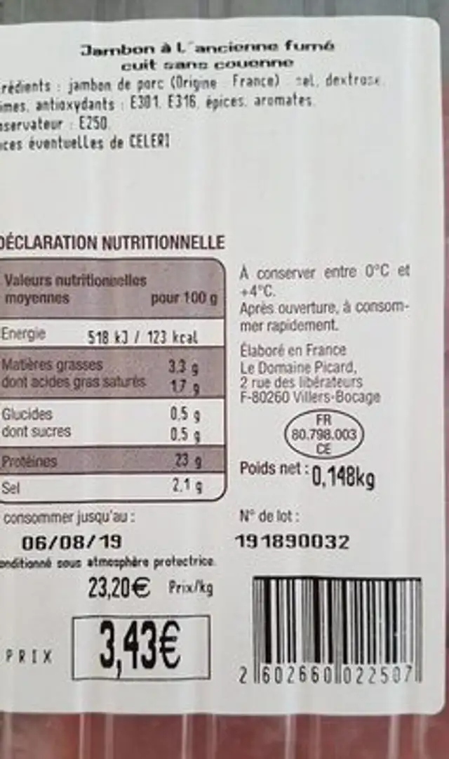 Véritable jambon fumé à l'ancienne nutrition facts table