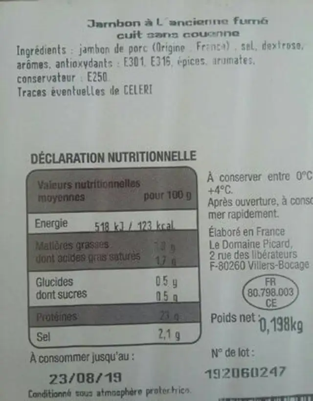 Jambon à l'ancienne fumé cuit sans couenne nutrition facts table