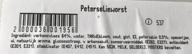 Peterselie worst ingredients label