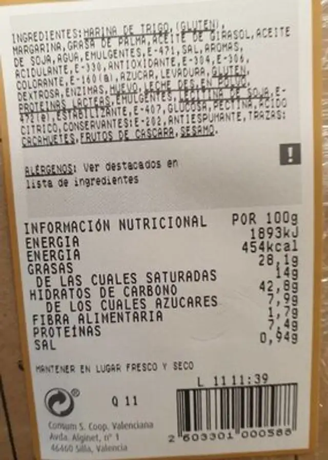 Croissant artesano nutrition facts table