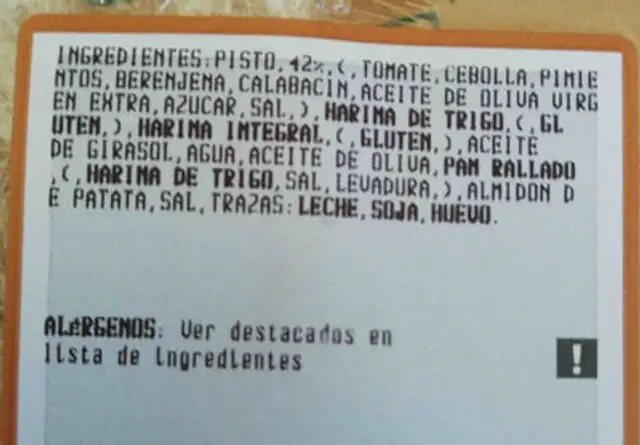 Empanadilla de pisto ingredients label