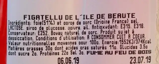 Figatellu de l'île de beauté ingredients label