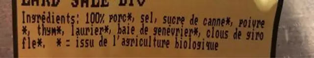 Lard salé ingredients label