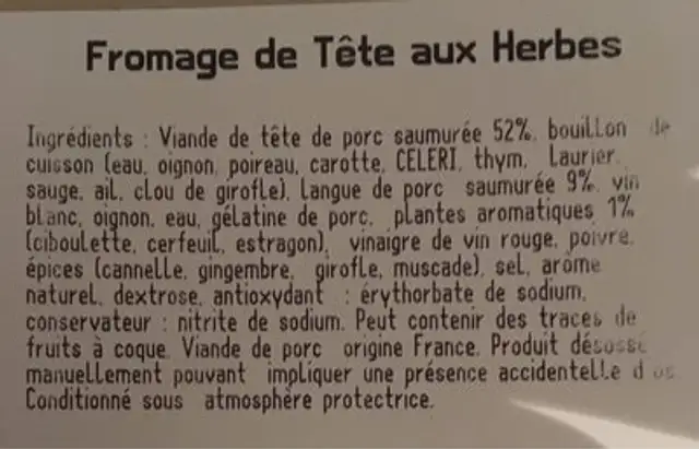 Fromage de tête aux herbes ingredients label