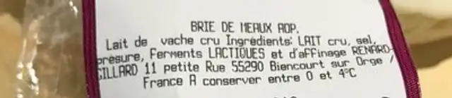 Brie de Meaux ingredients label