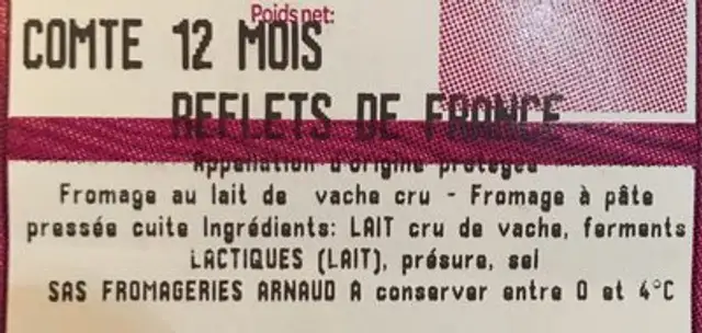 Comte 12 mois ingredients label
