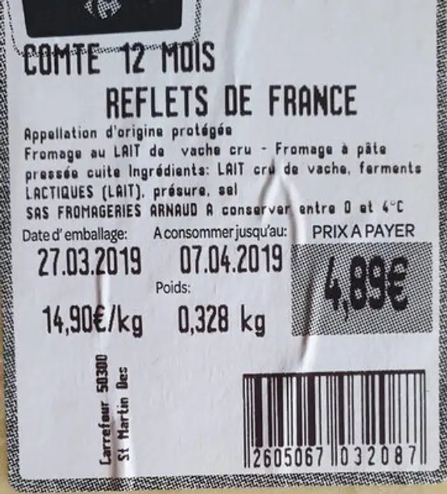 Comte 12 mois ingredients label