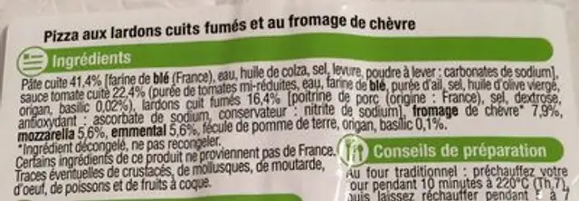 Pizza ingredients label
