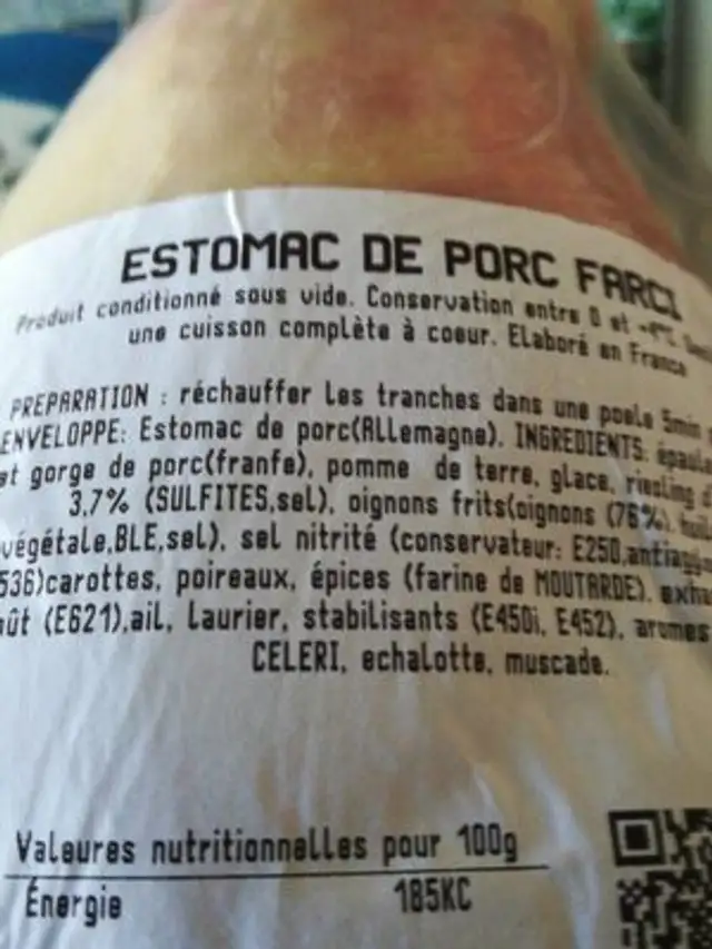 Estomac de porc farci ingredients label