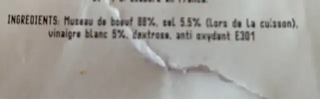 Museau de boeuf ingredients label