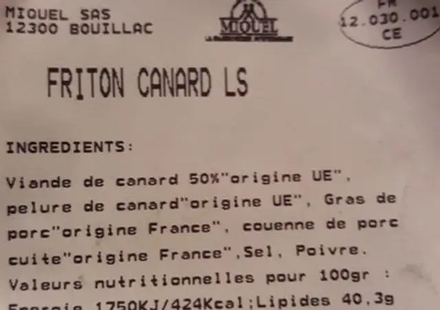 Friton canard ingredients label