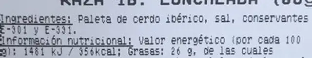 Paleta de cebo iberica ingredients label